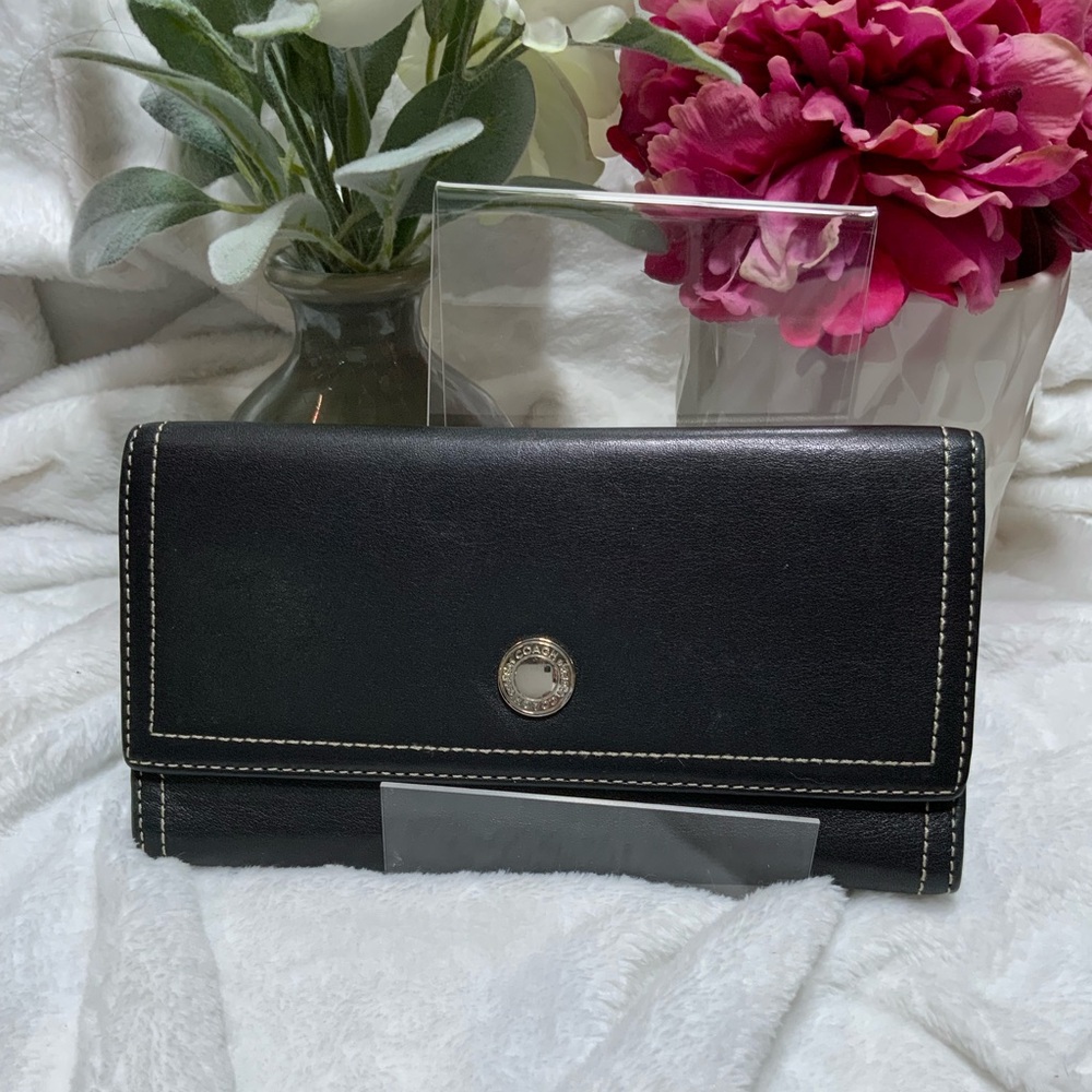 Coach Black Leather Wallet with Metal Accent
